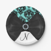Aquamarin & schwarz Damask Bling Bow Glam Sweet 16 Pappteller (Vorderseite)