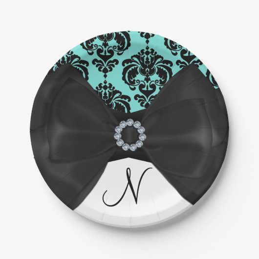 Aquamarin & schwarz Damask Bling Bow Glam Sweet 16 Pappteller (Vorderseite)