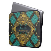 Aquamarin & schwarz-goldbestickter Laptop-Sieb Laptopschutzhülle (Vorderseite Links)