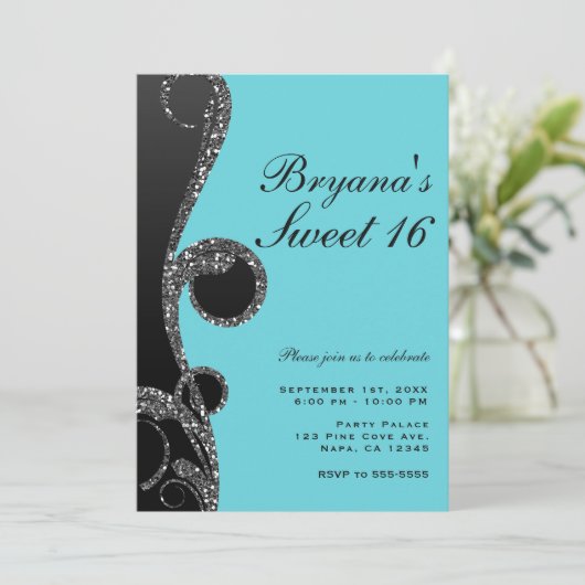 Aquamarin & Schwarz Silver Glitzer Swirl Sweet 16 Einladung (Stehend Vorderseite)