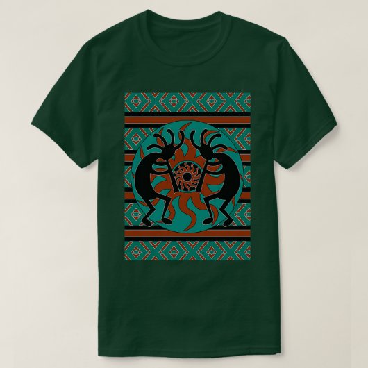 Aquamarin Schwarz und Braun Kokopelli Südwestdesig T-Shirt (Design vorne)