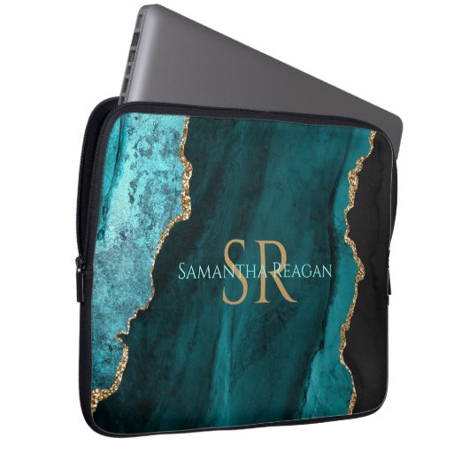 Aquamarin, schwarz und goldfarben, DIY-Name und Mo Laptopschutzhülle (Vorne Rechts)