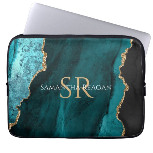Aquamarin, schwarz und goldfarben, DIY-Name und Mo Laptopschutzhülle (Vorderseite)