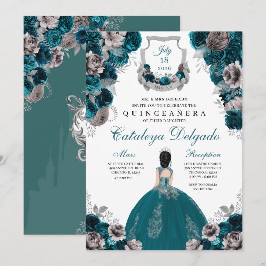 Aquamarin & silber florales Elegant Quinceñera Einladung (Vorne/Hinten)
