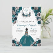 Aquamarin & silber florales Elegant Quinceñera Einladung (Stehend Vorderseite)