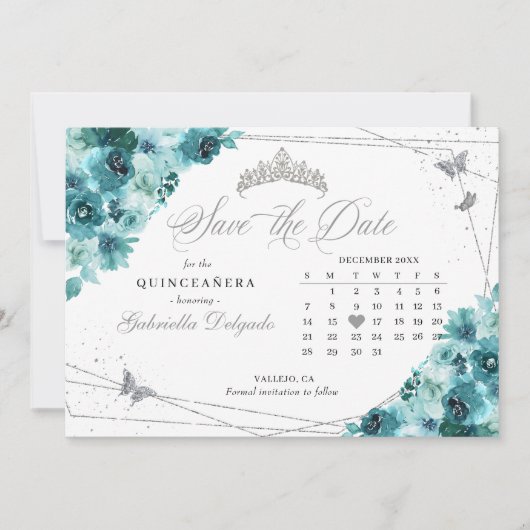 Aquamarin & silber Quinceañera Save the Date Einladung (Vorderseite)