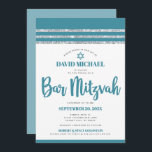 Aquamarin Silver Bar Mitzvah Tallit Simple Modern  Einladung<br><div class="desc">Seien Sie stolz, freuen Sie sich und präsentieren Sie diesen Meilenstein Ihres Lieblings-Bar Mitzvah! Versenden Sie diese coole, einzigartige, moderne, personalisierte Einladung für eine Veranstaltung, an die Sie sich erinnern können. Die aquamarine Schrift-Typografie, Star of David und ein staubiger aquamariner Blau- und Silberstreifen Glitzer gestreift tallit inspirierte Grafik-Overlay auf einem...</div>
