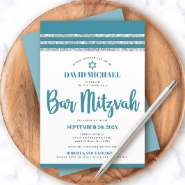 Aquamarin Silver Bar Mitzvah Tallit Simple Modern  Einladung