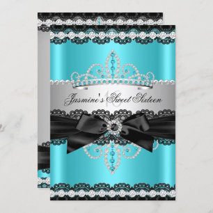 Aquamarin Silver Black Lace Sweet 16 Geburtstagspa Einladung