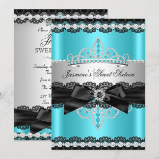 Aquamarin Silver Black Lace Sweet 16 Geburtstagspa Einladung