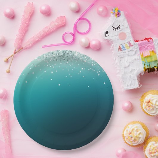 Aquamarin Silver Confetti Pappteller (Party)