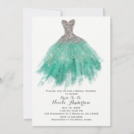 Aquamarin & Silver Glitzer Glam Dress Brautparty Einladung (Vorderseite)