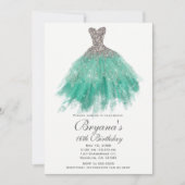 Aquamarin & Silver Glitzer Glamour Kleid Sweet 16  Einladung (Vorderseite)