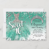 Aquamarin & Silver Glitzer Glamour Kleid Sweet 16  Einladung (Vorderseite)