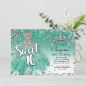 Aquamarin & Silver Glitzer Glamour Kleid Sweet 16  Einladung (Stehend Vorderseite)