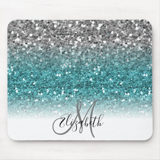 Aquamarin Silver Ombre Glitzer Bling Personalisier Mousepad (Vorne)