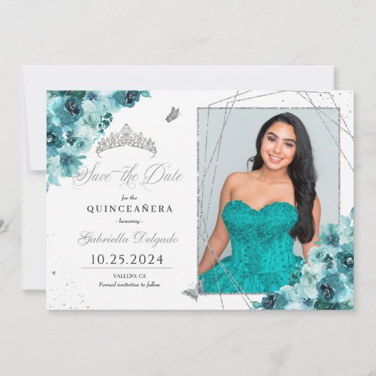 Aquamarin & Silver Quinceañera Save the Date Foto Einladung (Vorderseite)