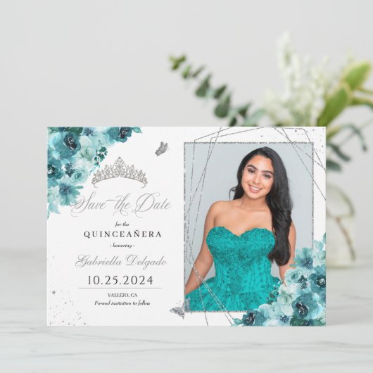 Aquamarin & Silver Quinceañera Save the Date Foto Einladung (Stehend Vorderseite)