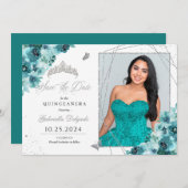 Aquamarin & Silver Quinceañera Save the Date Foto Einladung (Vorne/Hinten)