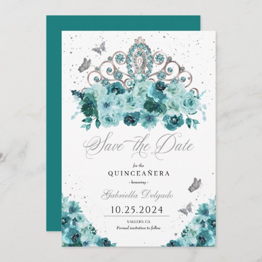 Aquamarin & Silver Tiara Save the Date Quinceañera Einladung (Vorne/Hinten)