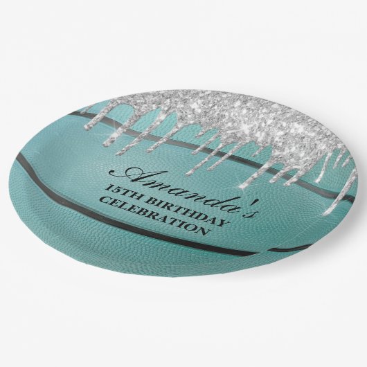 Aquamarin Silver Tropfen Basketball Pappteller (Schrägansicht)