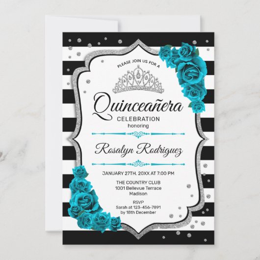 Aquamarin Silver White Quinceanera Einladung (Vorderseite)