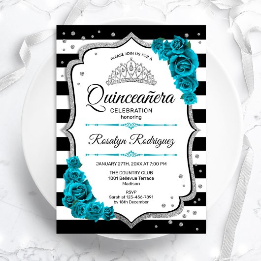 Aquamarin Silver White Quinceanera Einladung