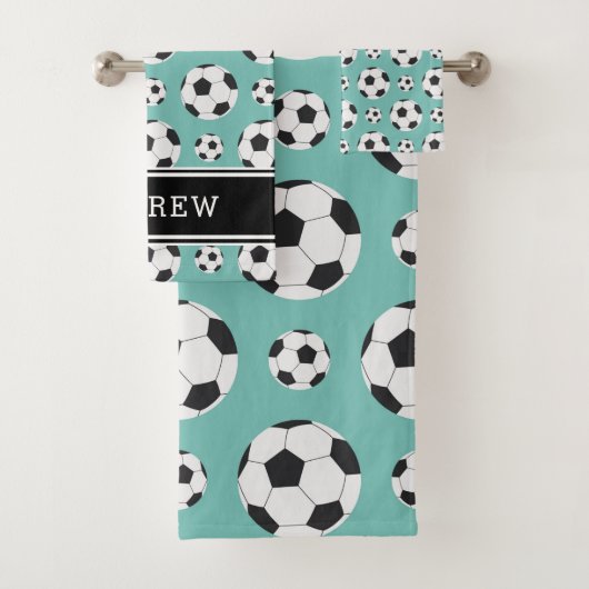 Aquamarin Soccer Balls Muster Kid Boy Girl Name Badhandtuch Set (Insitu)