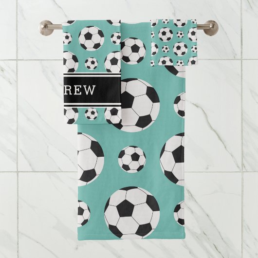 Aquamarin Soccer Balls Muster Kid Boy Girl Name Badhandtuch Set