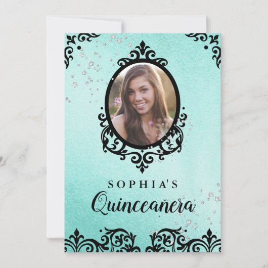 Aquamarin Sparkle Damask Foto Quinceanera Einladung (Vorderseite)