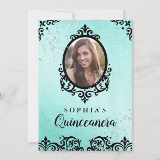 Aquamarin Sparkle Damask Foto Quinceanera Einladung