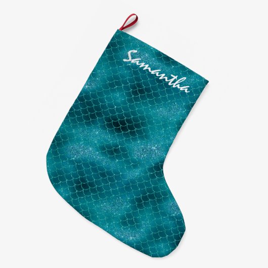 Aquamarin Sparkle Mermaid personalisiert Großer Weihnachtsstrumpf (Vorderansicht (hängend))