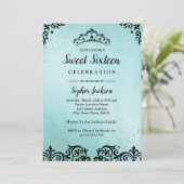 Aquamarin Sparkle Tiara Damask 16 . Geburtstag Einladung (Stehend Vorderseite)