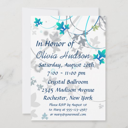 Aquamarin Streamers 16 . Geburtstag Party Einladung (Rückseite)