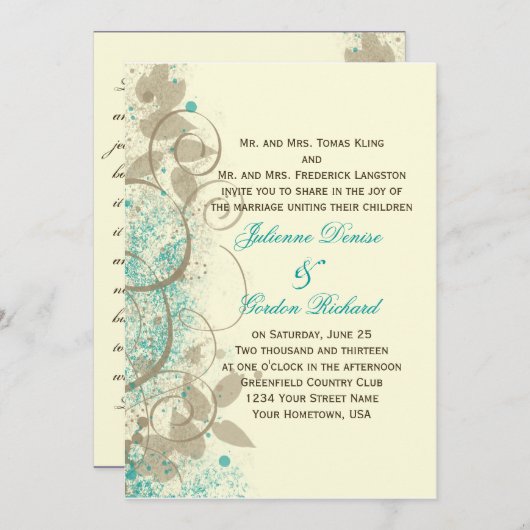 Aquamarin Tan Grunge Wirbel Blätter Hochzeitsreise Einladung (Vorne/Hinten)