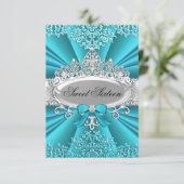 Aquamarin Tiara & Damask 16 . Geburtstag Einladung (Stehend Vorderseite)