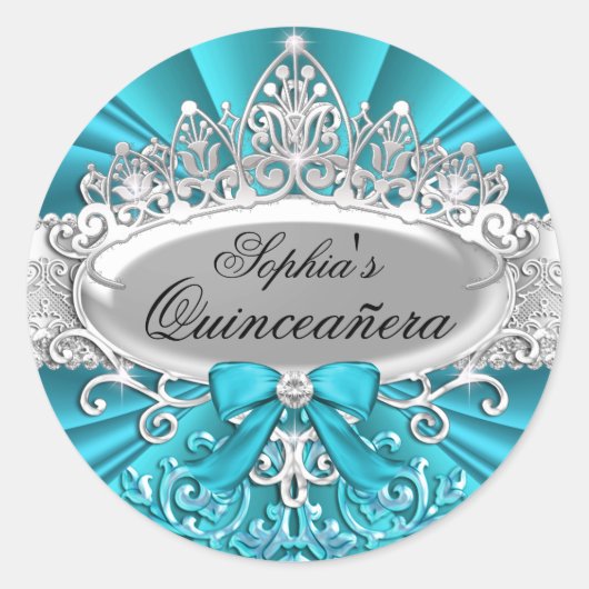 Aquamarin Tiara & Damask Quinceanera Sticker (Vorderseite)