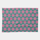 Aquamarin + Tief rosa geometrisches Blumenmuster Handtuch (Horizontal)