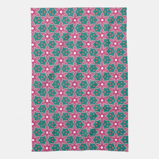 Aquamarin + Tief rosa geometrisches Blumenmuster Handtuch (Vertikal)