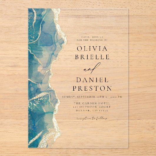 Aquamarin Türkis Blue Gold Agate Hochzeit Acryleinladungen (Vorderseite)