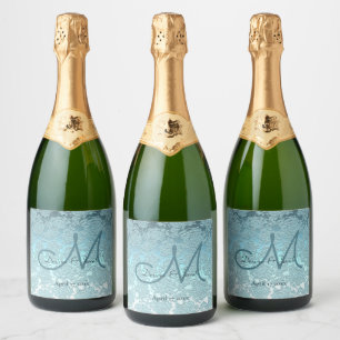 Aquamarin Türkis Elegant Wedding Empfang Monogram Schaumweinetikett