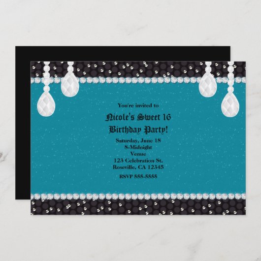 Aquamarin Türkis & Glam Diamonds Party Einladungen (Vorne/Hinten)