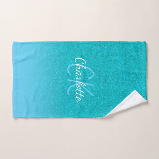 Aquamarin-Türkis-Glitzer-Aqua-Monogramm-Initialen Badhandtuch Set (Handtuch)