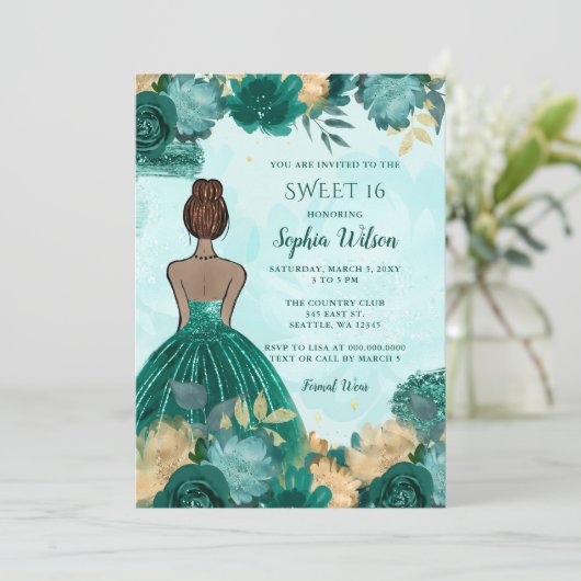 Aquamarin Türkis Gold BlumenPrinzessin Sweet 16 Einladung (Stehend Vorderseite)