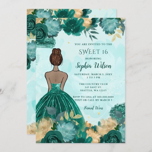 Aquamarin Türkis Gold BlumenPrinzessin Sweet 16 Einladung (Vorne/Hinten)