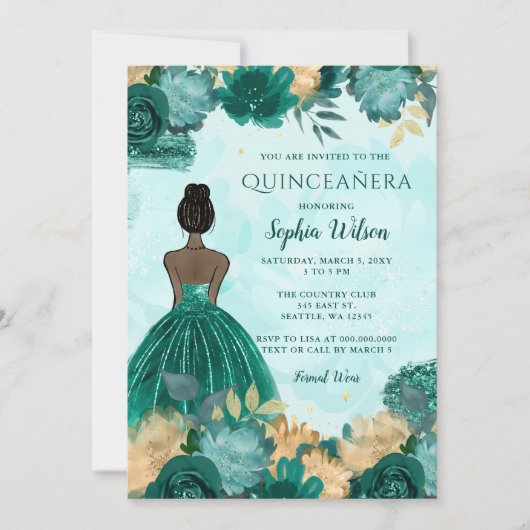 Aquamarin Türkis Gold Floral Princess Quinceañera Einladung (Vorderseite)