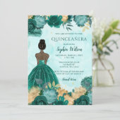 Aquamarin Türkis Gold Floral Princess Quinceañera Einladung (Stehend Vorderseite)