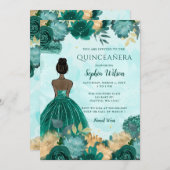 Aquamarin Türkis Gold Floral Princess Quinceañera Einladung (Vorne/Hinten)