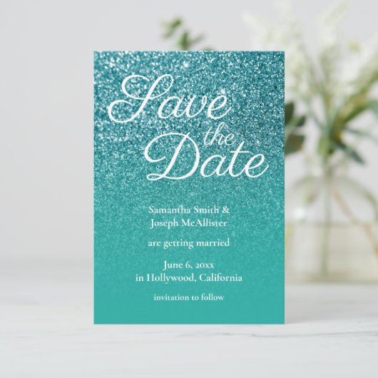 Aquamarin Türkis Ombre Glitzer Save the Date Einladung (Stehend Vorderseite)