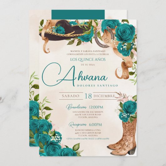 Aquamarin Türkis Quinceñera Charro Western Rose Einladung (Vorne/Hinten)